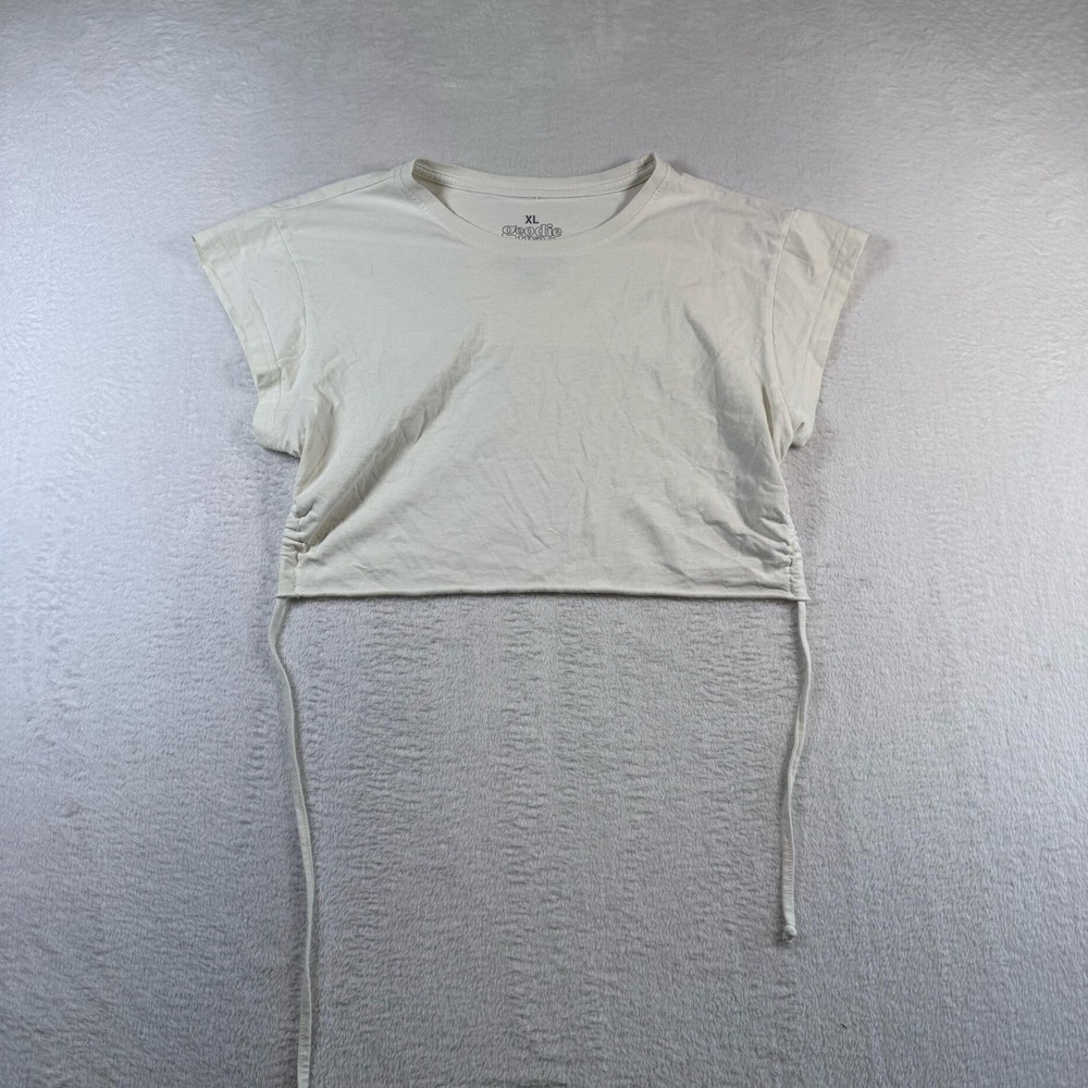 Goodie Two Sleeves Shirt‎ Womens XL White Ruched Side Tie Cropped Tee Top Jersey